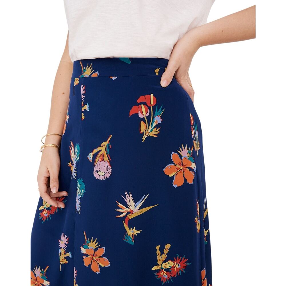 Madewell Silk Midi Skirt Women's 10 Navy Botanical Resort Euro Vacation Cruise - Picture 11 of 16